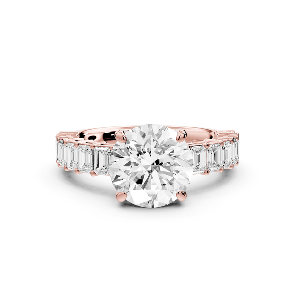 Violetta - 2ct 18k rose gold round diamond with emerald cut accent stones engagement ring - Mr. Alex Jewelry