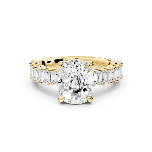 Violetta - 3ct 14k yellow gold ecushion diamond with emerald cut accent stones engagement ring - Mr. Alex Jewelry