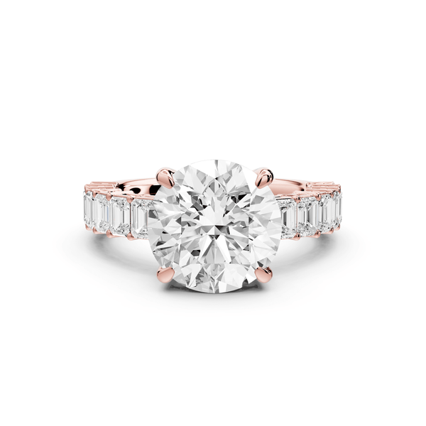 Violetta - 3ct 18k rose gold round diamond with emerald cut accent stones engagement ring - Mr. Alex Jewelry