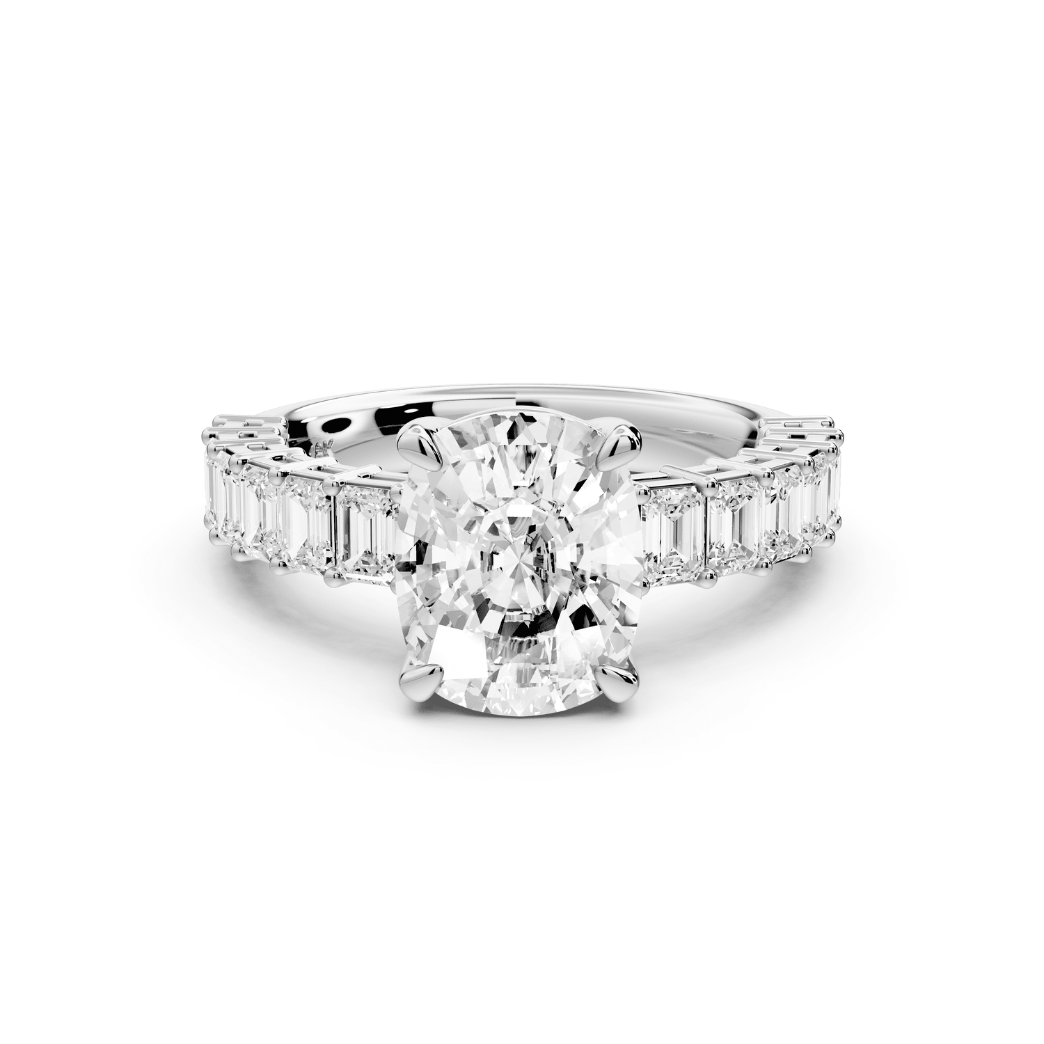 Violetta - 3ct 18k white gold ecushion diamond with emerald cut accent stones engagement ring - Mr. Alex Jewelry