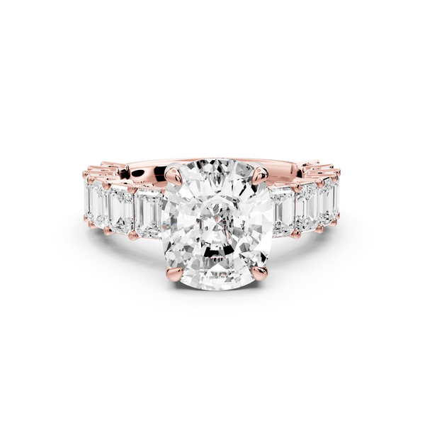 Violetta - 4ct 14k rose gold ecushion diamond with emerald cut accent stones engagement ring - Mr. Alex Jewelry