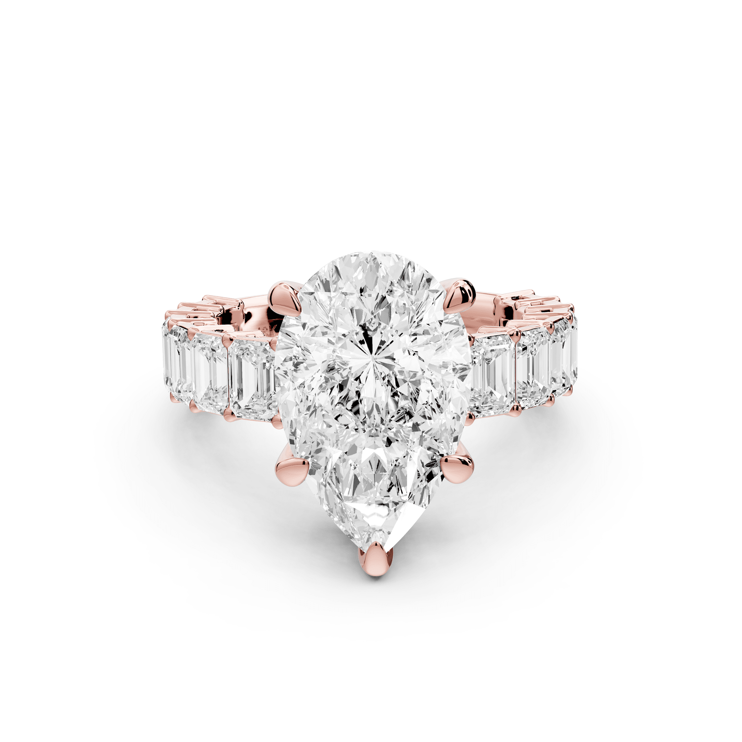 Violetta - 4ct 14k rose gold pear diamond with emerald cut accent stones engagament ring - Mr. Alex Jewelry