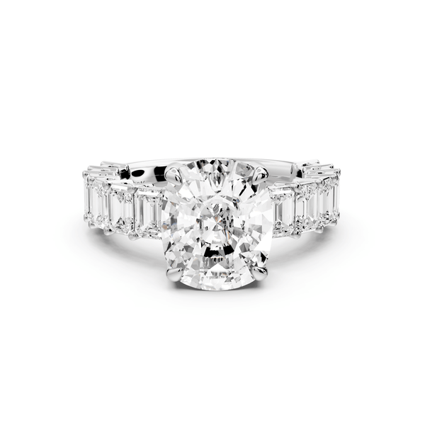 Violetta - 4ct 14k white gold ecushion diamond with emerald cut accent stones engagement ring - Mr. Alex Jewelry