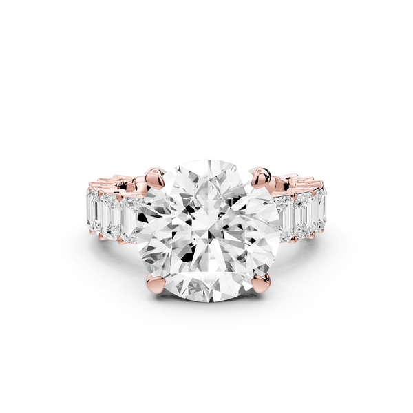 Violetta - 5ct 18k rose gold round diamond with emerald cut accent stones engagement ring - Mr. Alex Jewelry