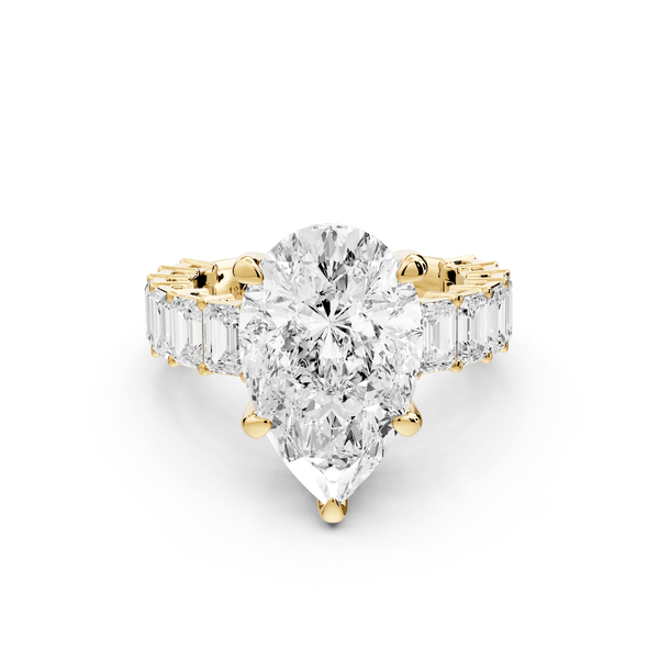 Violetta - 5ct 18k yellow gold pear diamond with emerald cut accent stones engagament ring - Mr. Alex Jewelry