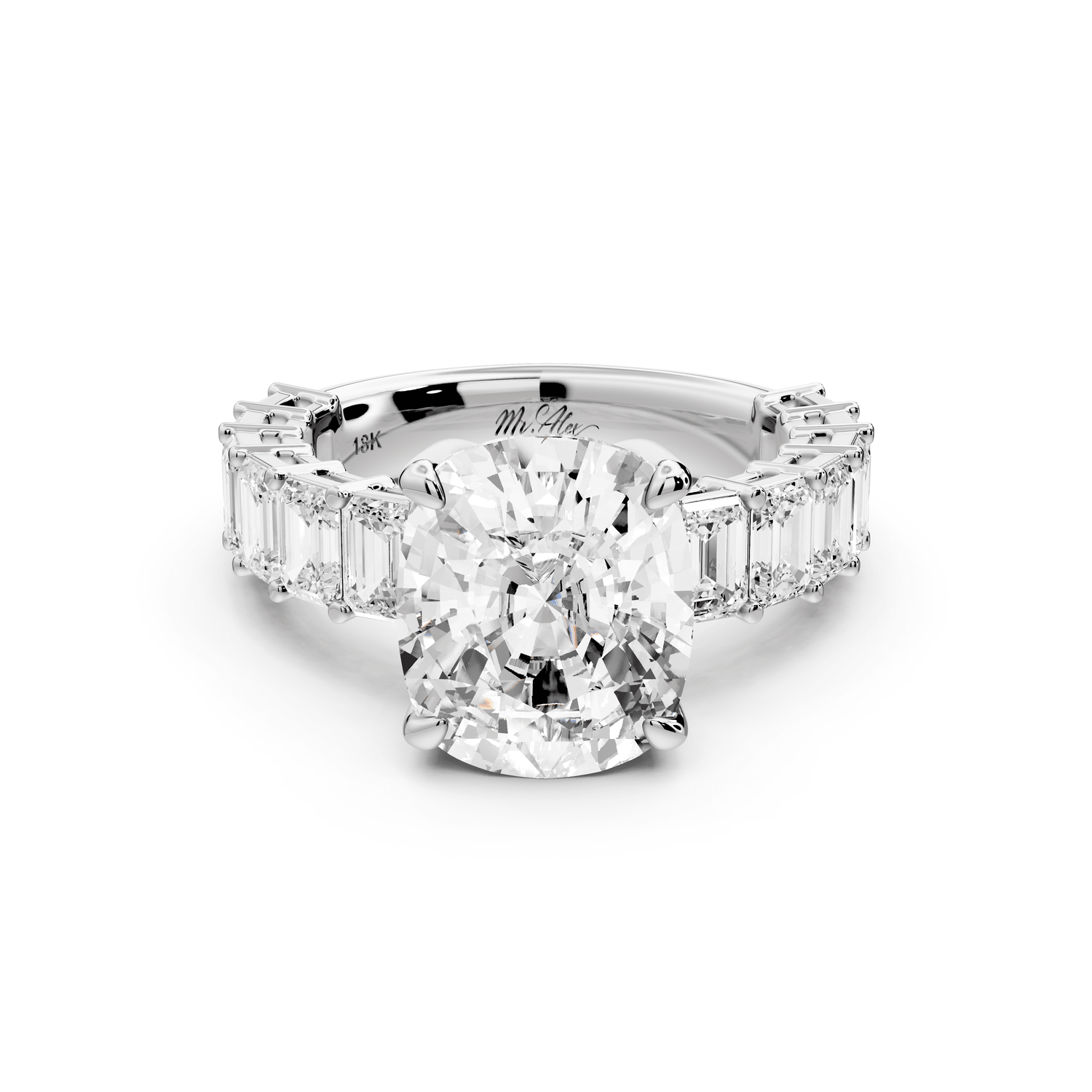 Violetta - 5ct platinum ecushion diamond with emerald cut accent stones engagement ring - Mr. Alex Jewelry