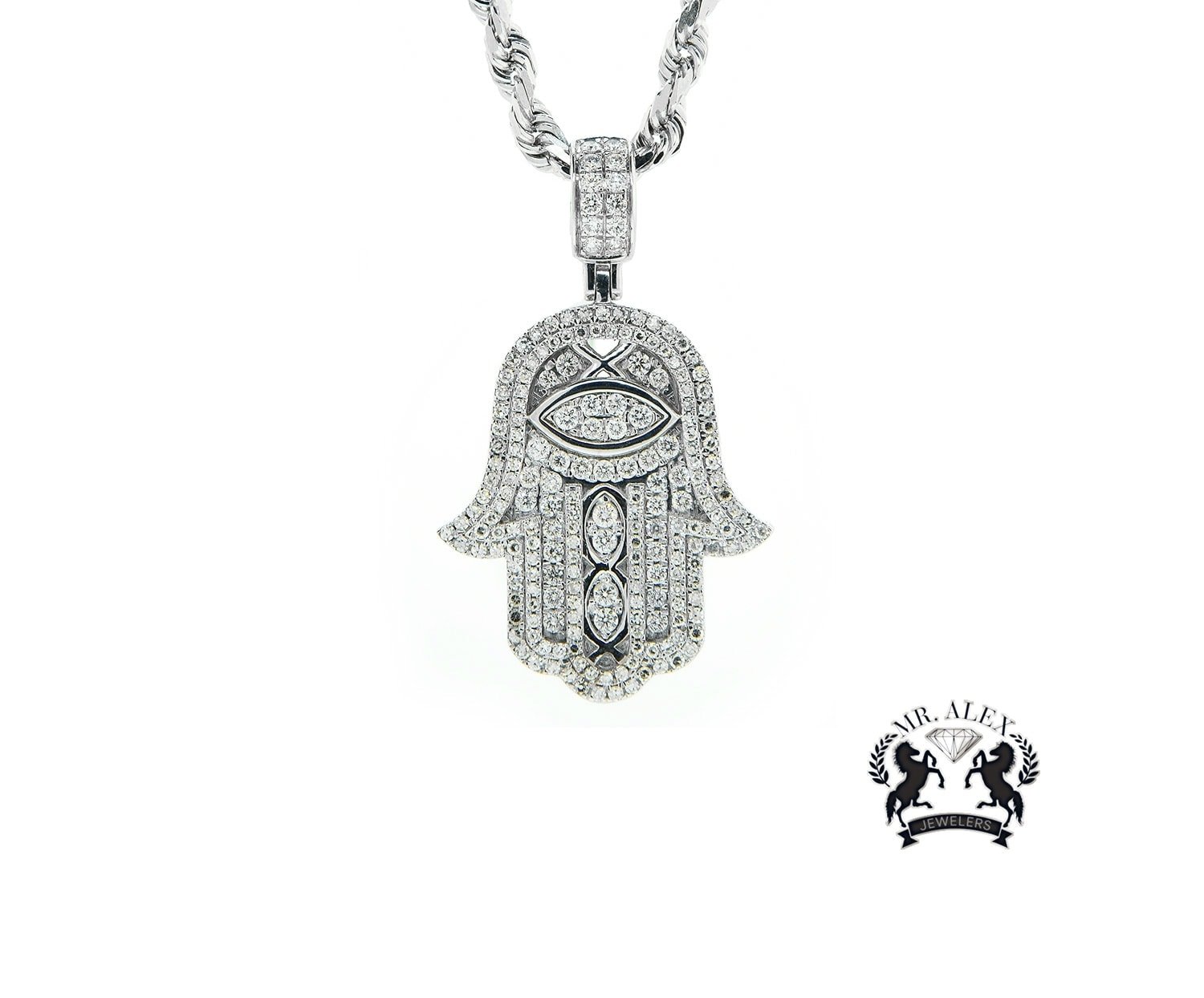 14k Hamsa Pendant 1.90ct White Gold - Mr. Alex Jewelry