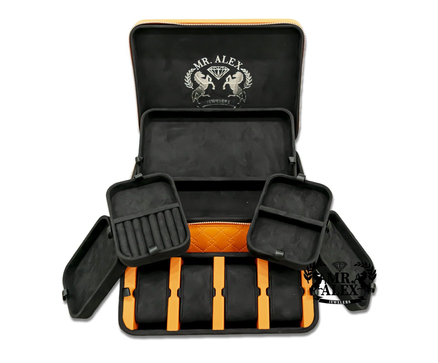 Leather Jewelry Black Case - 4 Watches and Five Stackable Trays - Mr. Alex Jewelry