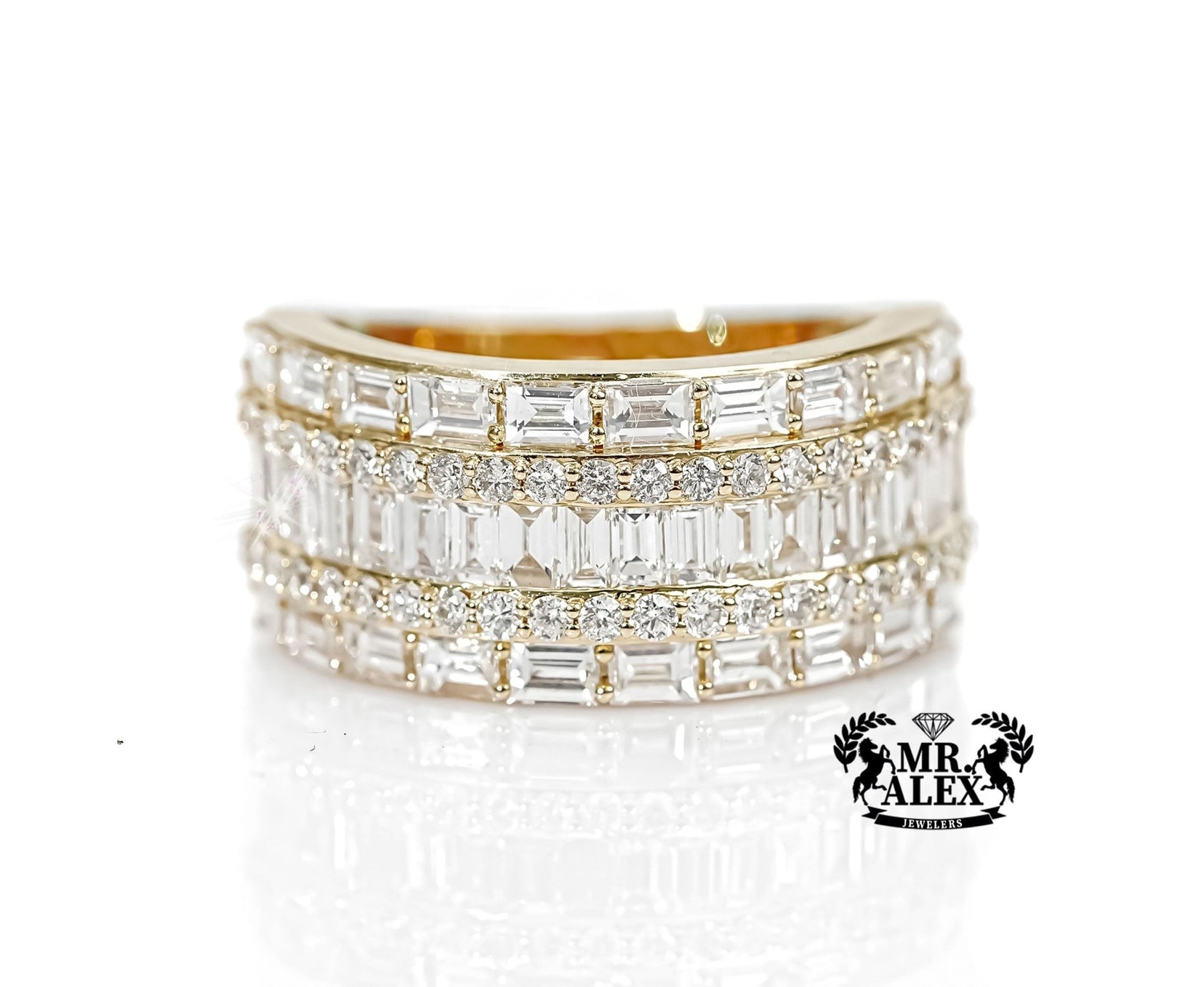 10k Gold Five-Row Emerald & Round Cut Diamond Ring 3.50ct - Mr. Alex Jewelry