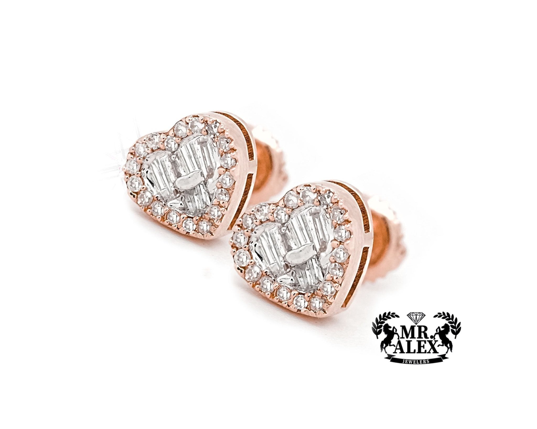 10k Gold Heart Baguette Diamond Stud Earrings 0.30ct - Mr. Alex Jewelry