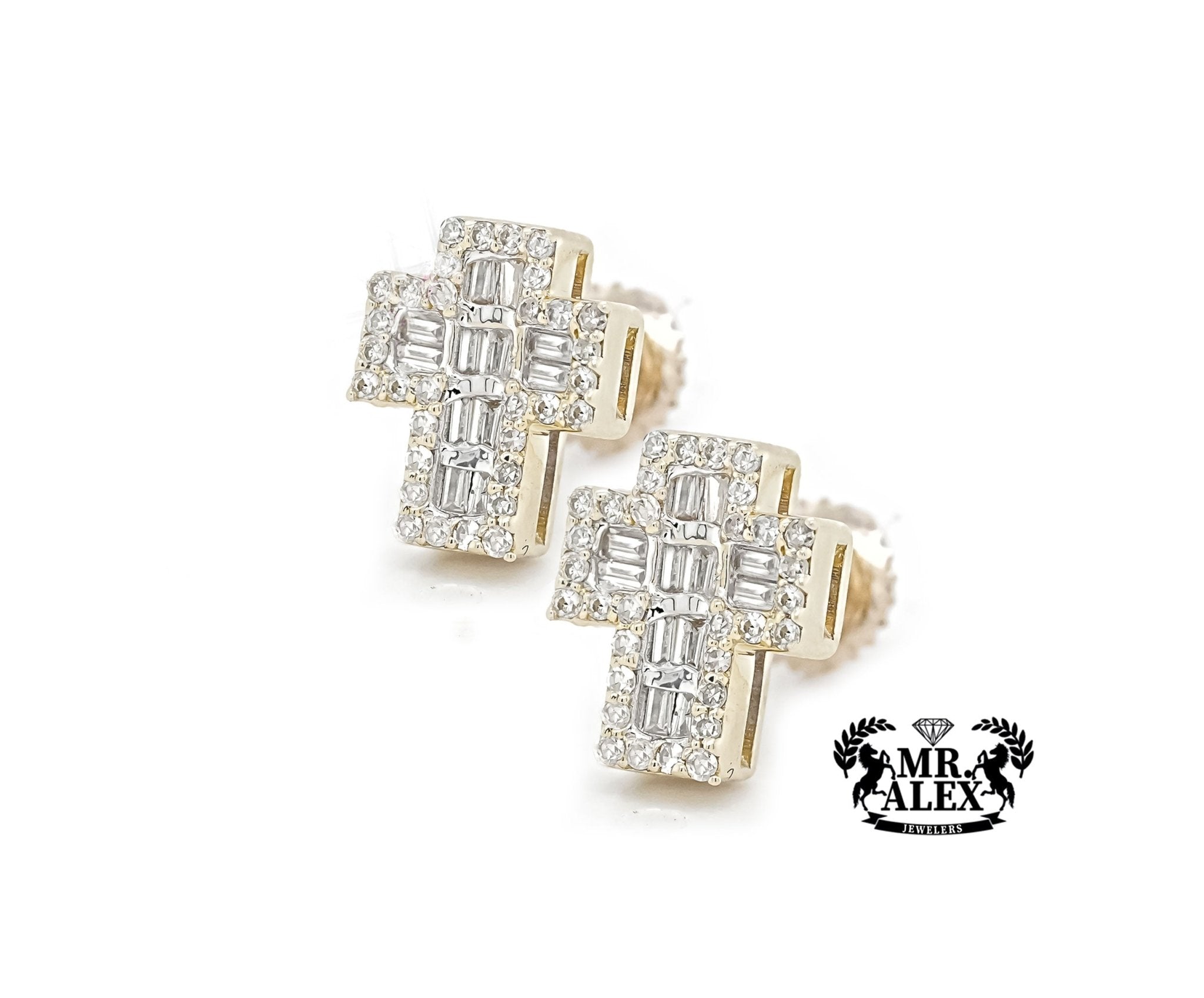 10k Gold Mini Cross Baguette Diamond Earrings 0.30ct - Mr. Alex Jewelry