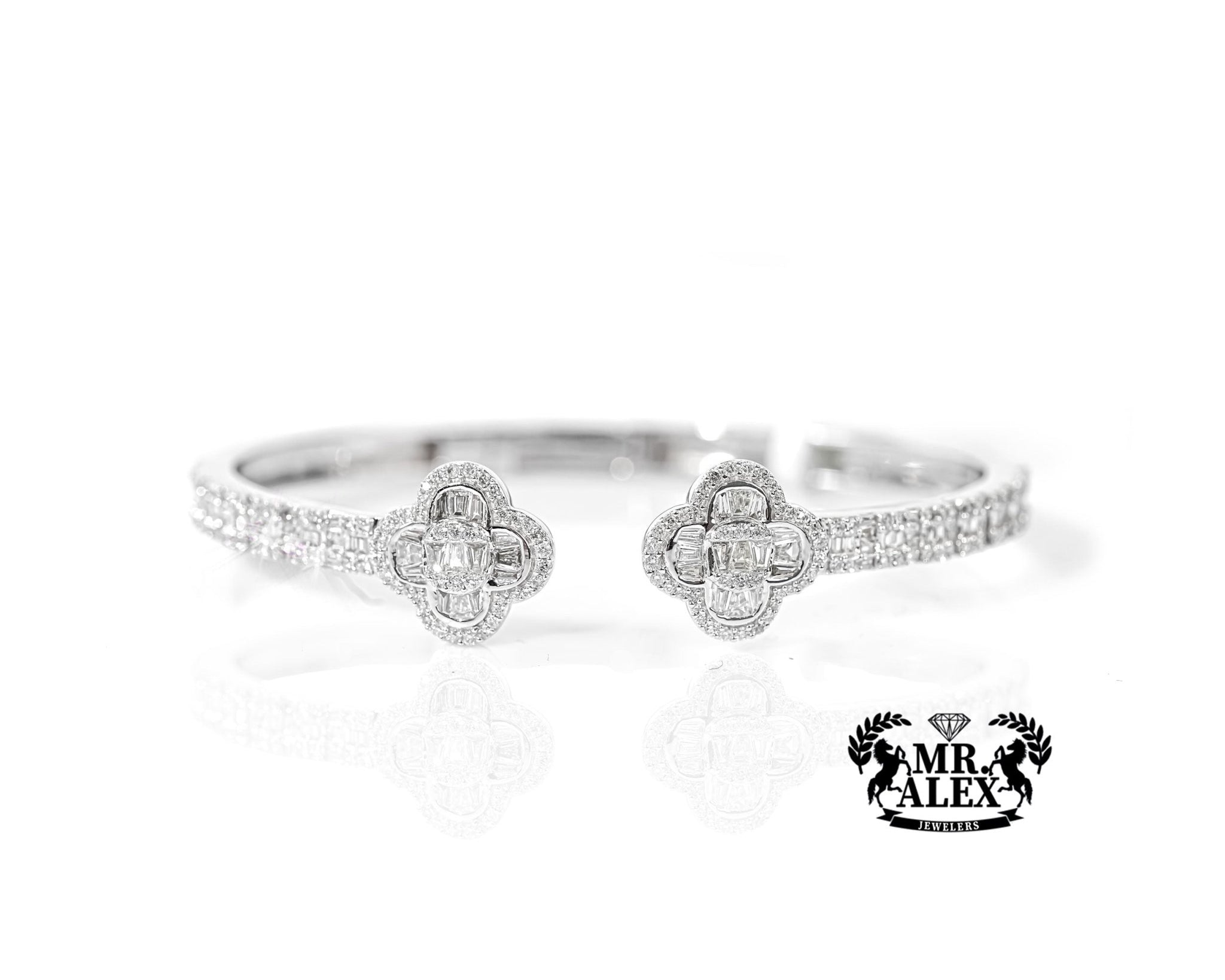 10k White Gold Clover & Baguette Diamond Bangle 2.25ct - Mr. Alex Jewelry