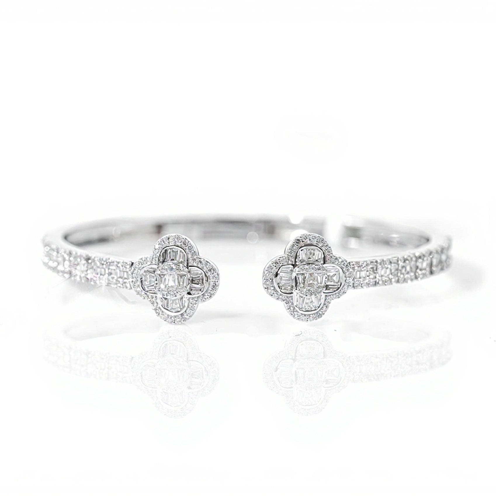 10k White Gold Clover & Baguette Diamond Bangle 2.25ct - Mr. Alex Jewelry