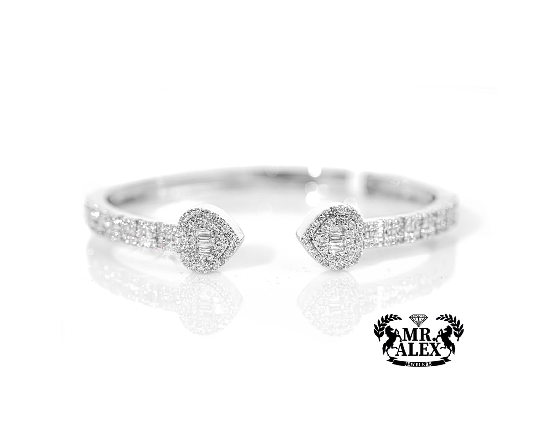 10k White Gold Heart & Baguette Diamond Bangle 2.25ct - Mr. Alex Jewelry