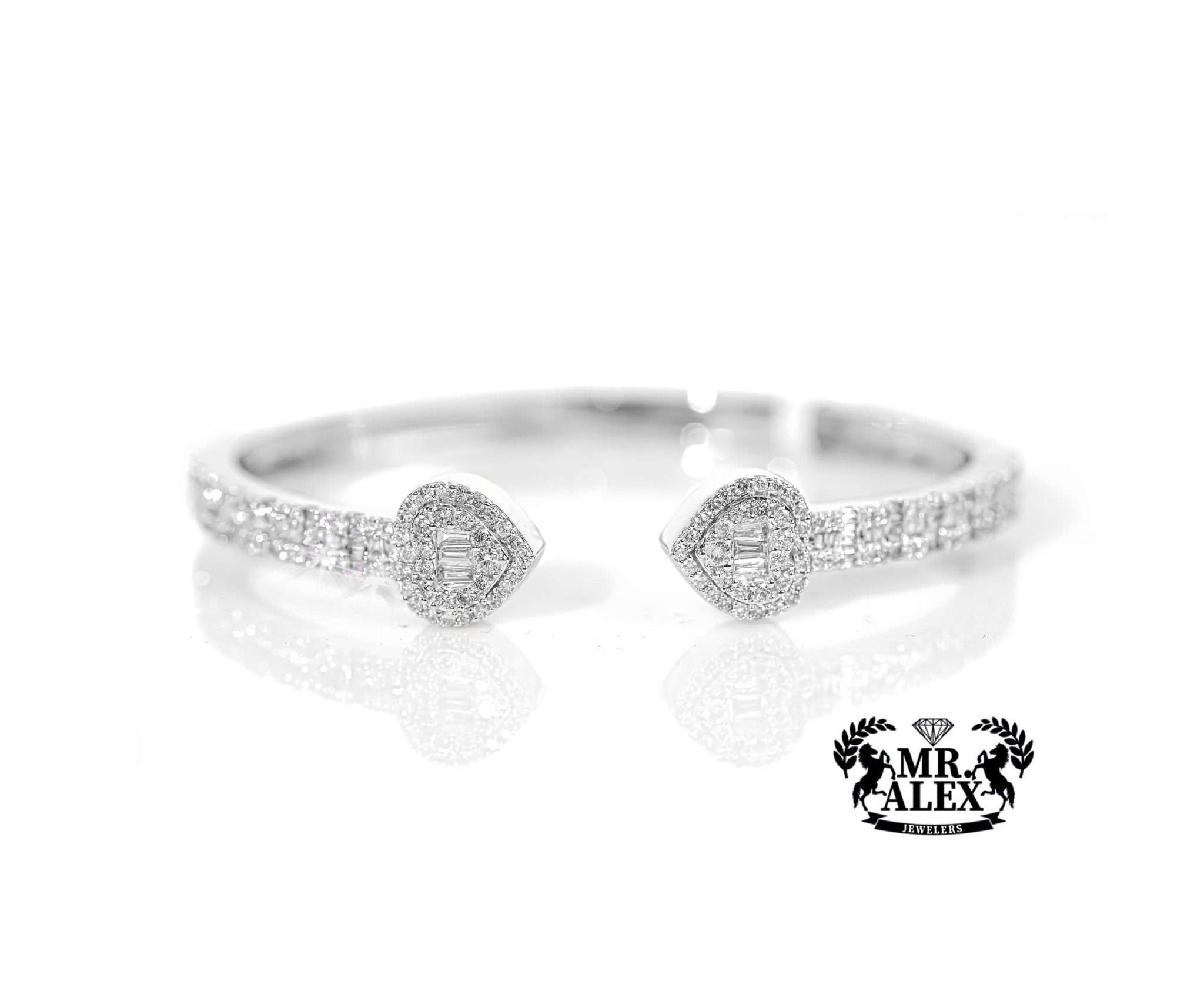 10k White Gold Heart & Baguette Diamond Bangle 2.25ct - Mr. Alex Jewelry