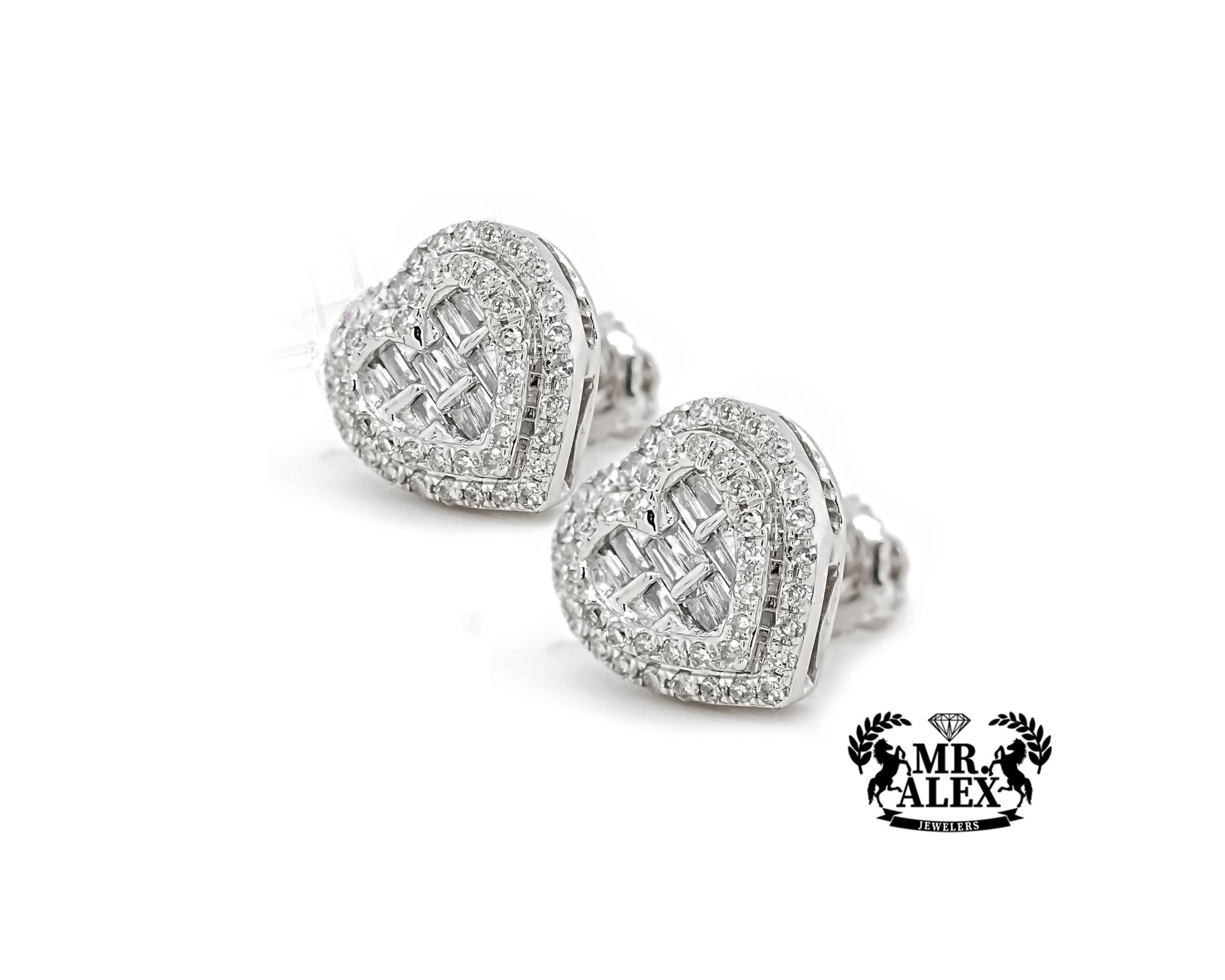 10k White Gold Heart Framed Baguette Diamond Earrings 0.60ct - Mr. Alex Jewelry