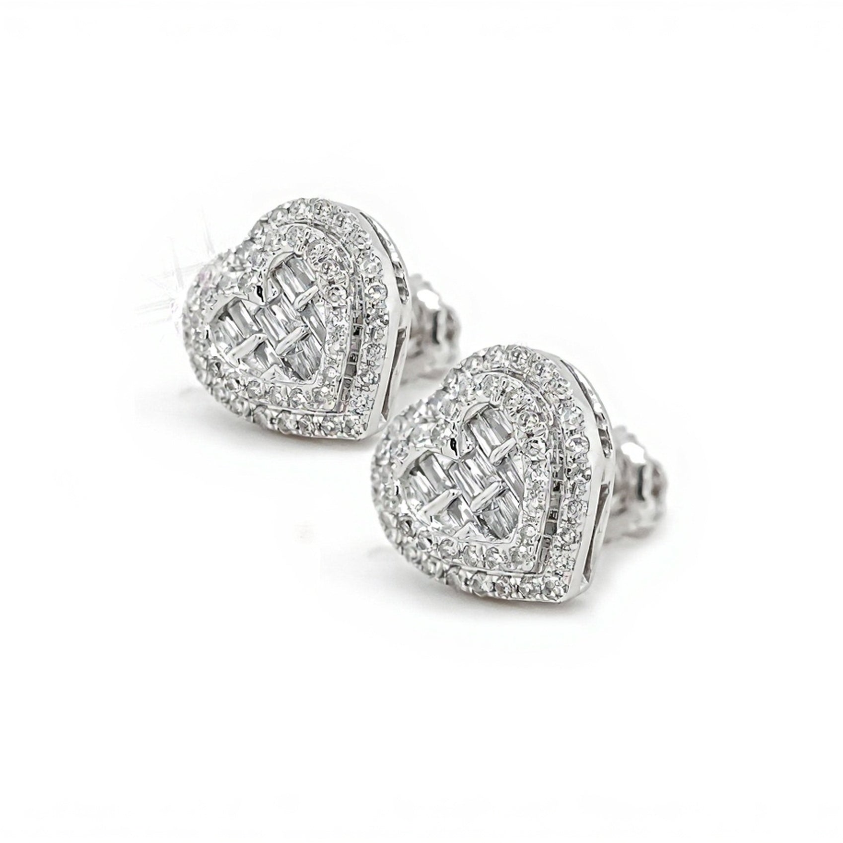 10k White Gold Heart Framed Baguette Diamond Earrings 0.60ct - Mr. Alex Jewelry