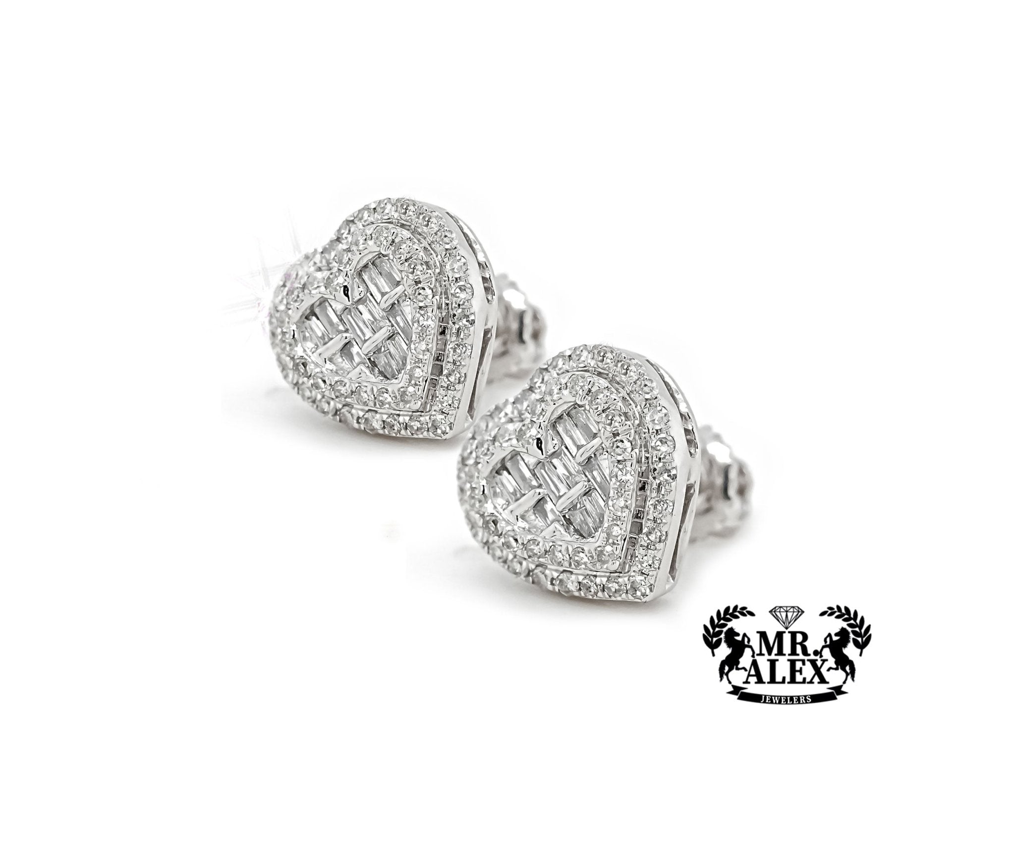 10k White Gold Heart Framed Baguette Diamond Earrings 0.60ct - Mr. Alex Jewelry
