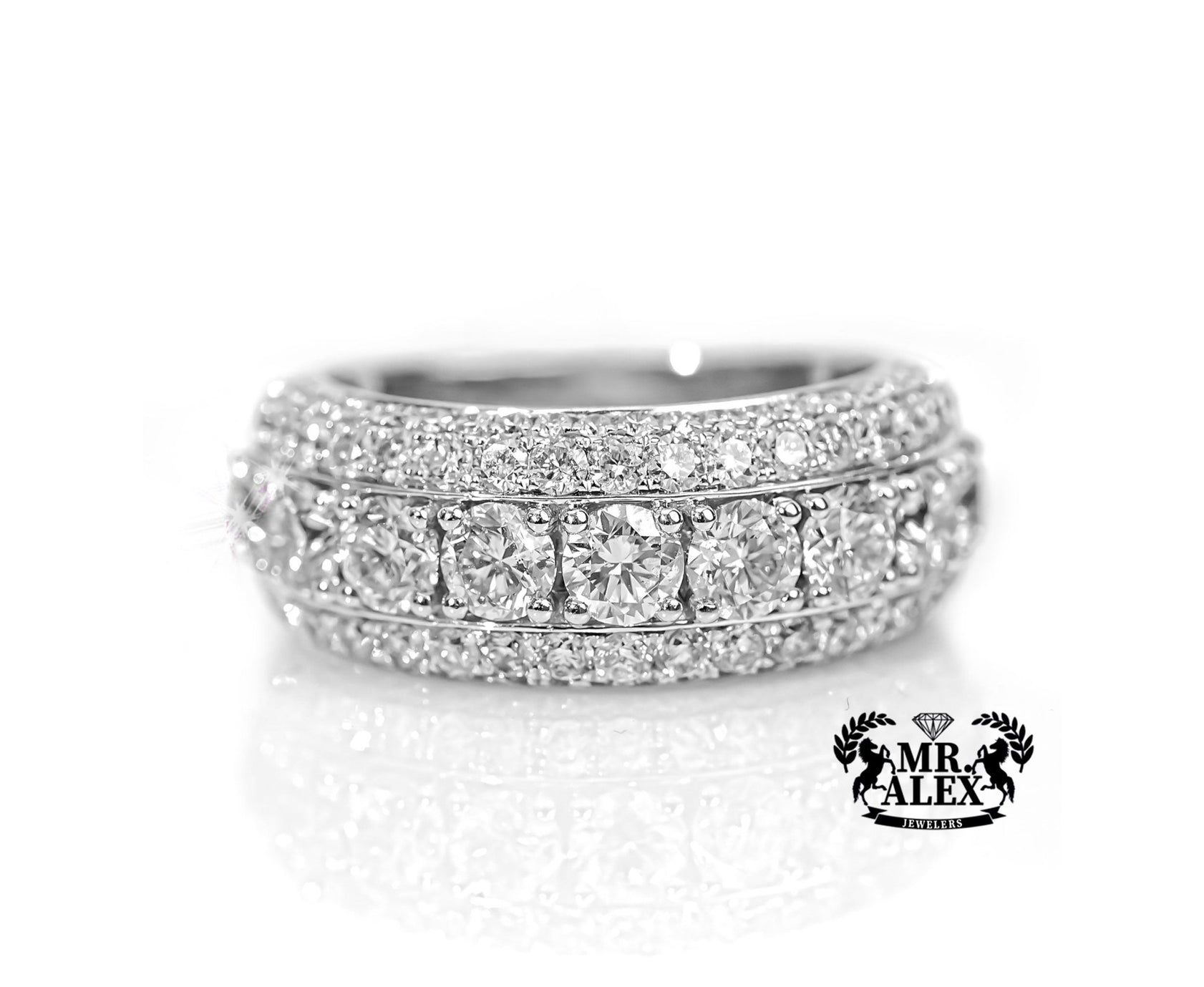 10k White Gold Three-Row Round Diamond Ring 4.40ct - Mr. Alex Jewelry
