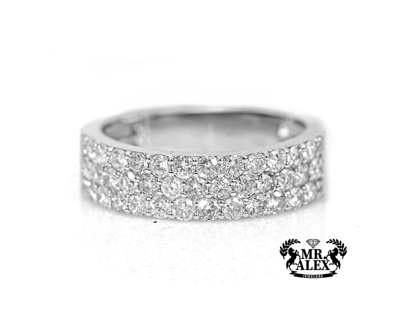 10k White Gold Triple Row Diamond Ring 1.70ct - Mr. Alex Jewelry