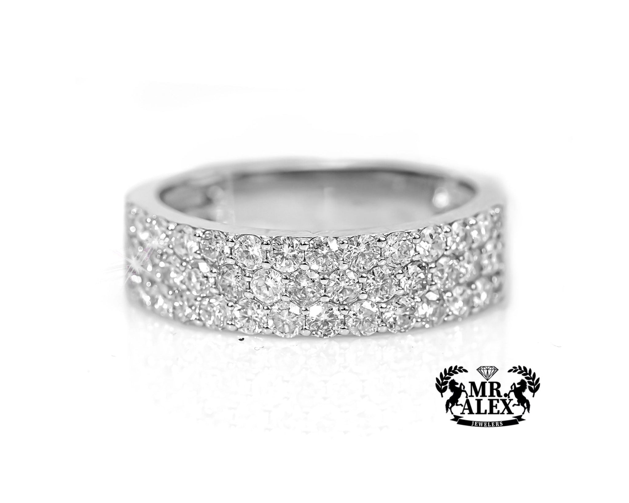 10k White Gold Triple Row Diamond Ring 1.70ct - Mr. Alex Jewelry