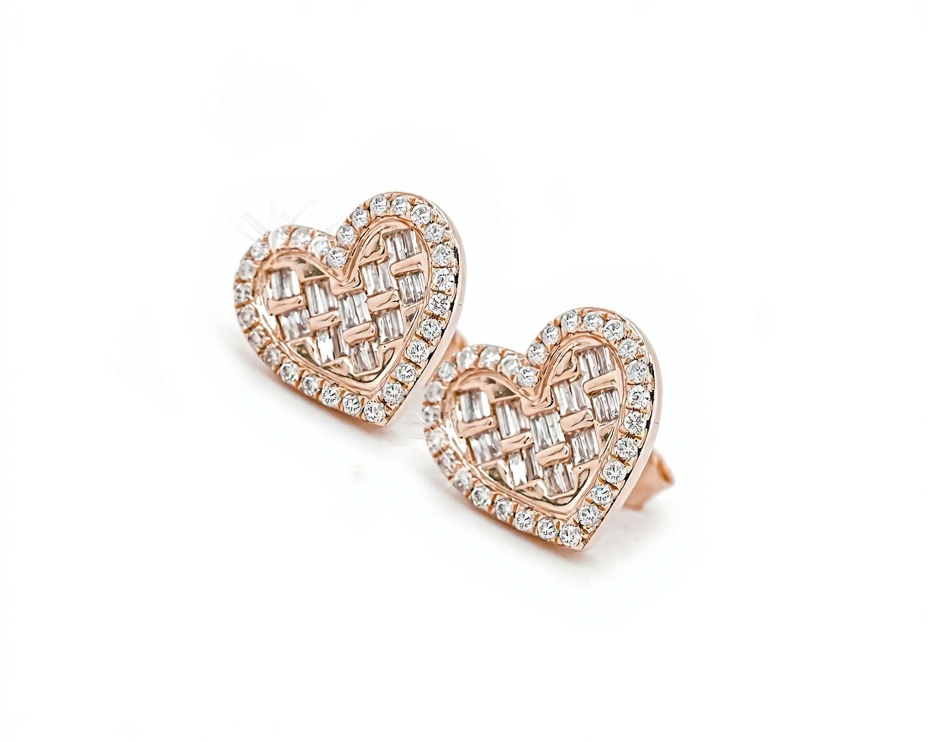 14k Heart-Shaped Earrings with Baguette and Round Diamonds 0.55ct - Mr. Alex Jewelry