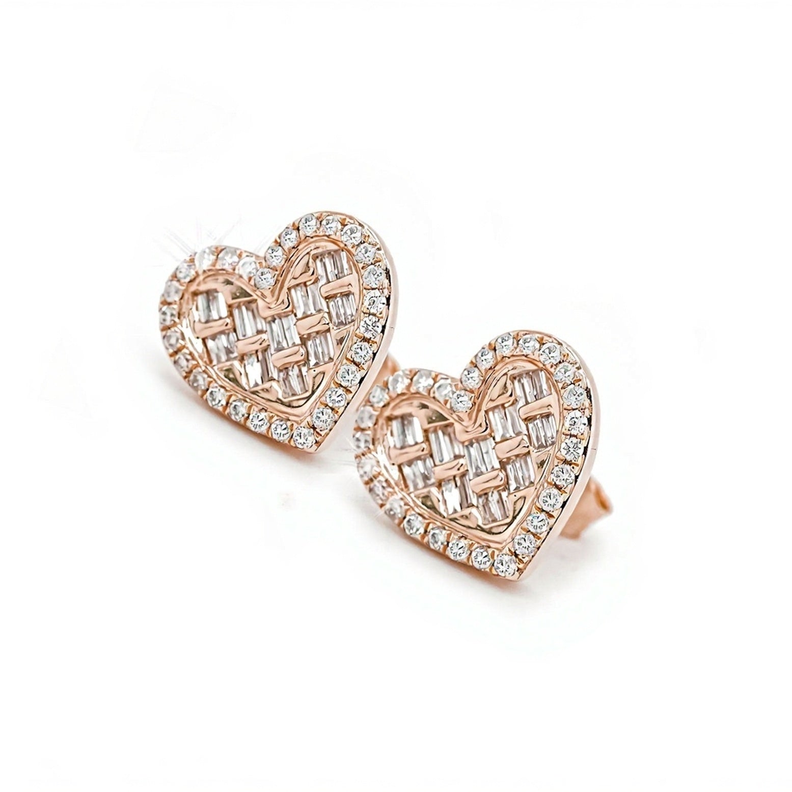 14k Heart-Shaped Earrings with Baguette and Round Diamonds 0.55ct - Mr. Alex Jewelry