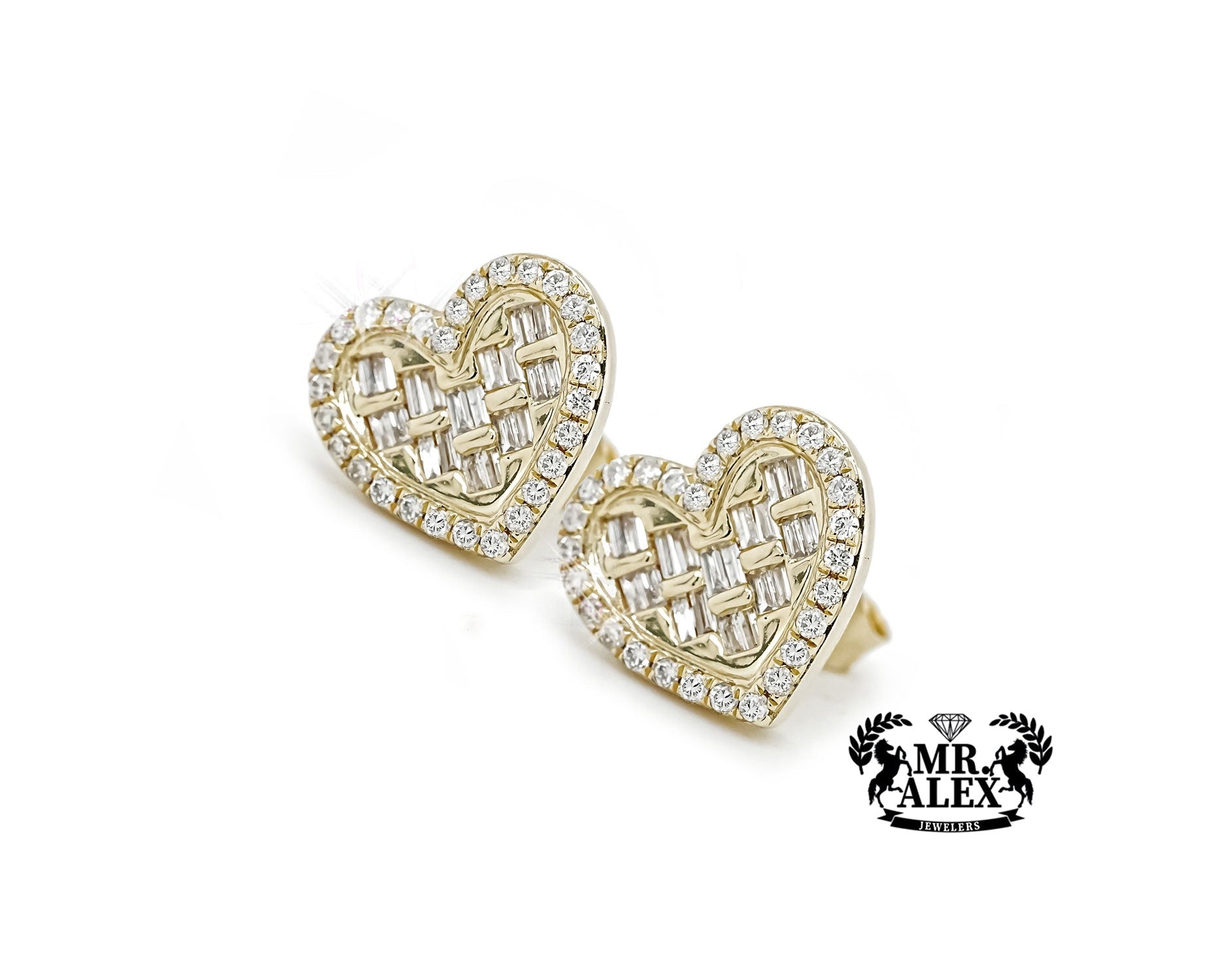 14k Heart-Shaped Earrings with Baguette and Round Diamonds 0.55ct - Mr. Alex Jewelry