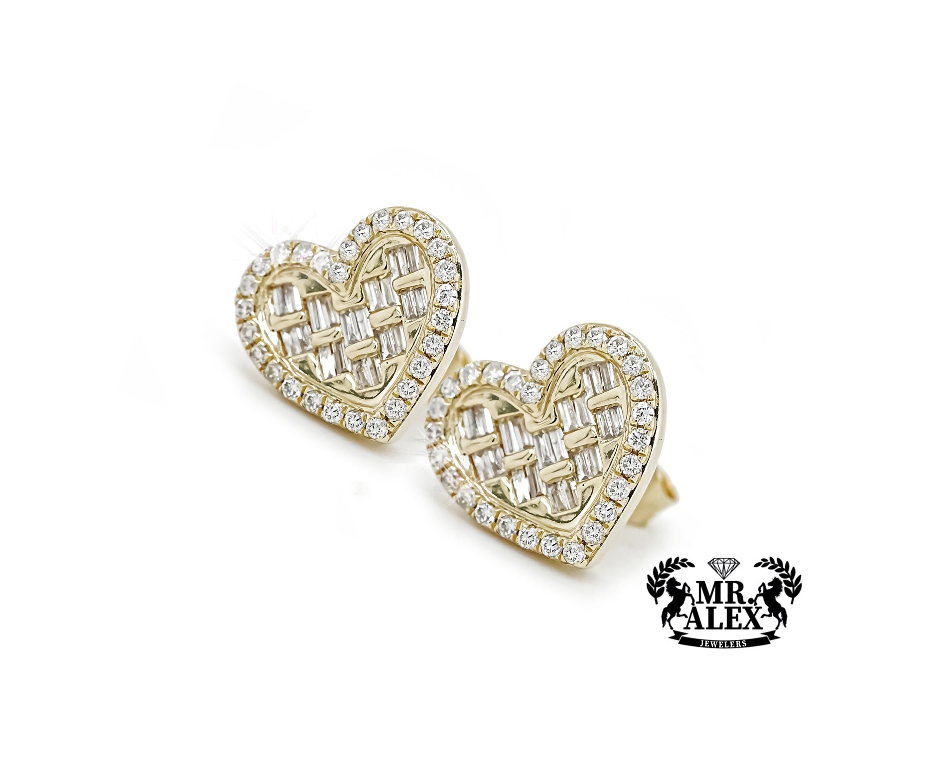 14k Heart-Shaped Earrings with Baguette and Round Diamonds 0.55ct - Mr. Alex Jewelry