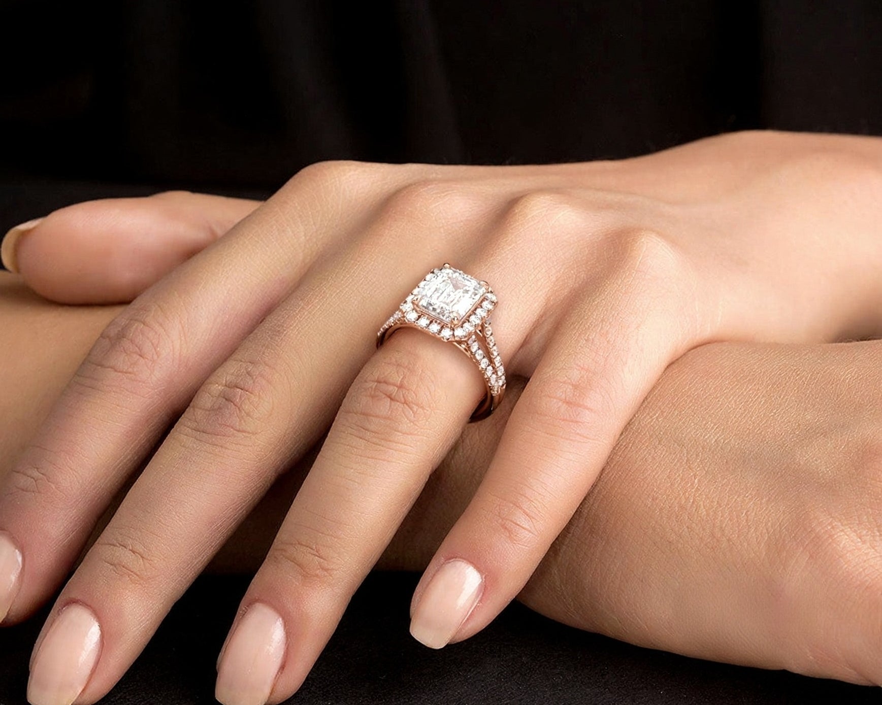 2 Carat Emerald Cut French Cut Halo Split Shank Engagement Ring - Mr. Alex Jewelry