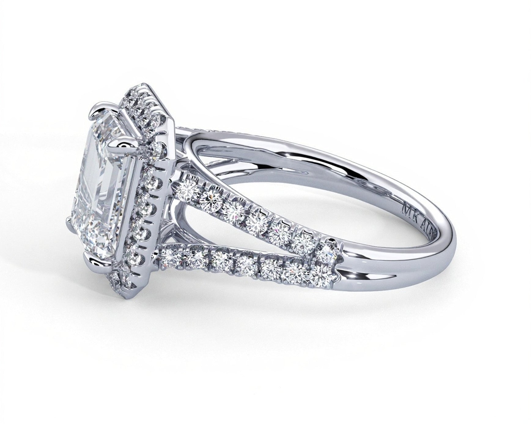 2 Carat Emerald Cut French Cut Halo Split Shank Engagement Ring - Mr. Alex Jewelry
