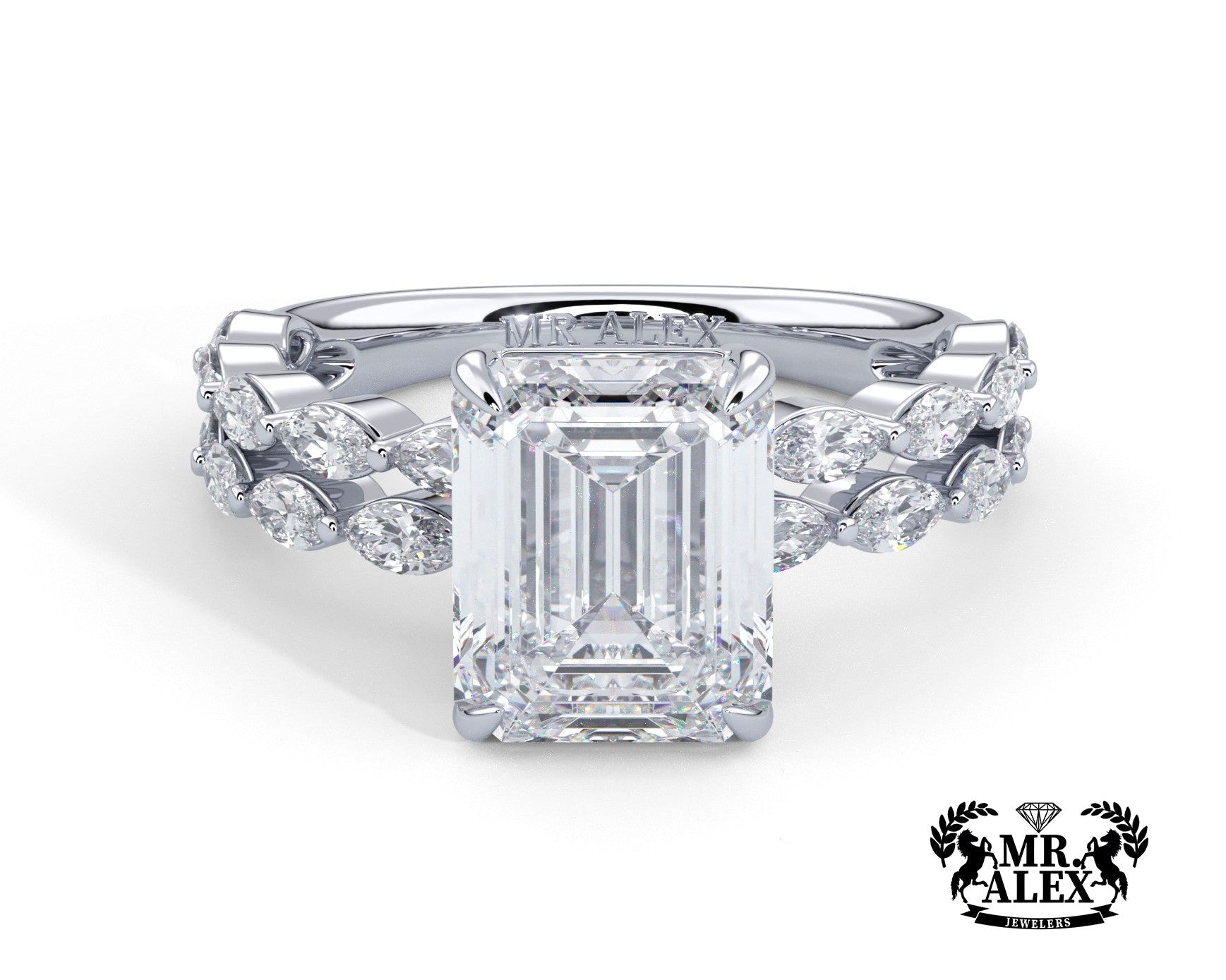 2 Carat Emerald Cut Split Shank Marquise Diamond Accents Engagement Ring - Mr. Alex Jewelry