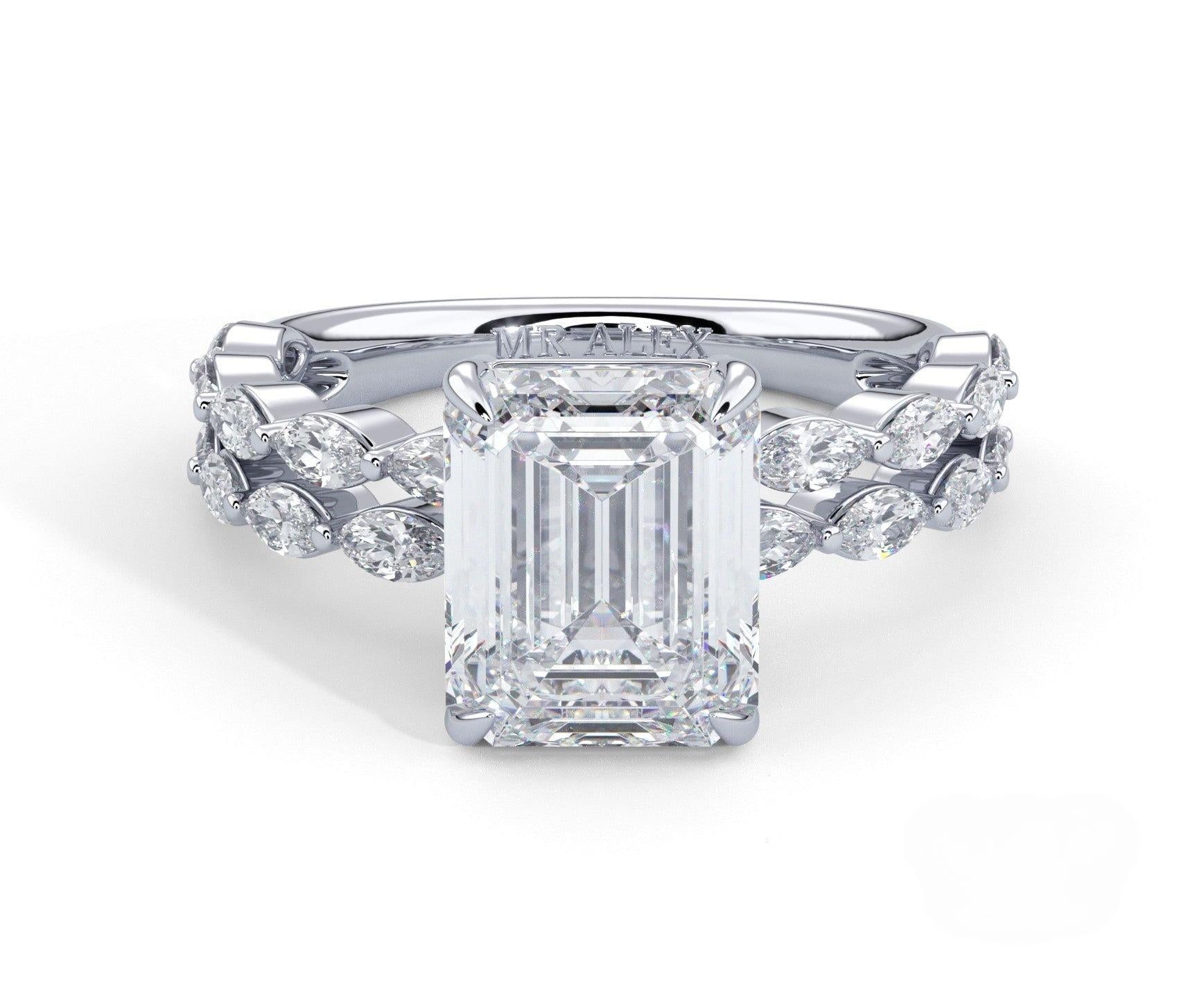 2 Carat Emerald Cut Split Shank Marquise Diamond Accents Engagement Ring - Mr. Alex Jewelry