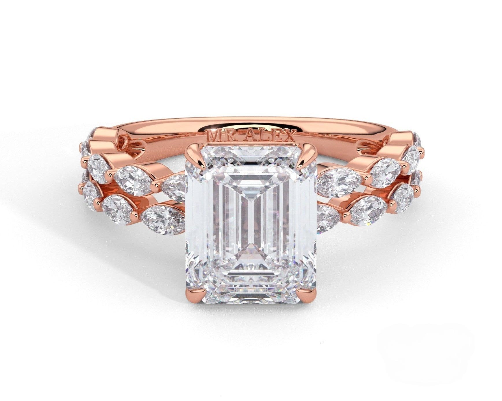 2 Carat Emerald Cut Split Shank Marquise Diamond Accents Engagement Ring - Mr. Alex Jewelry