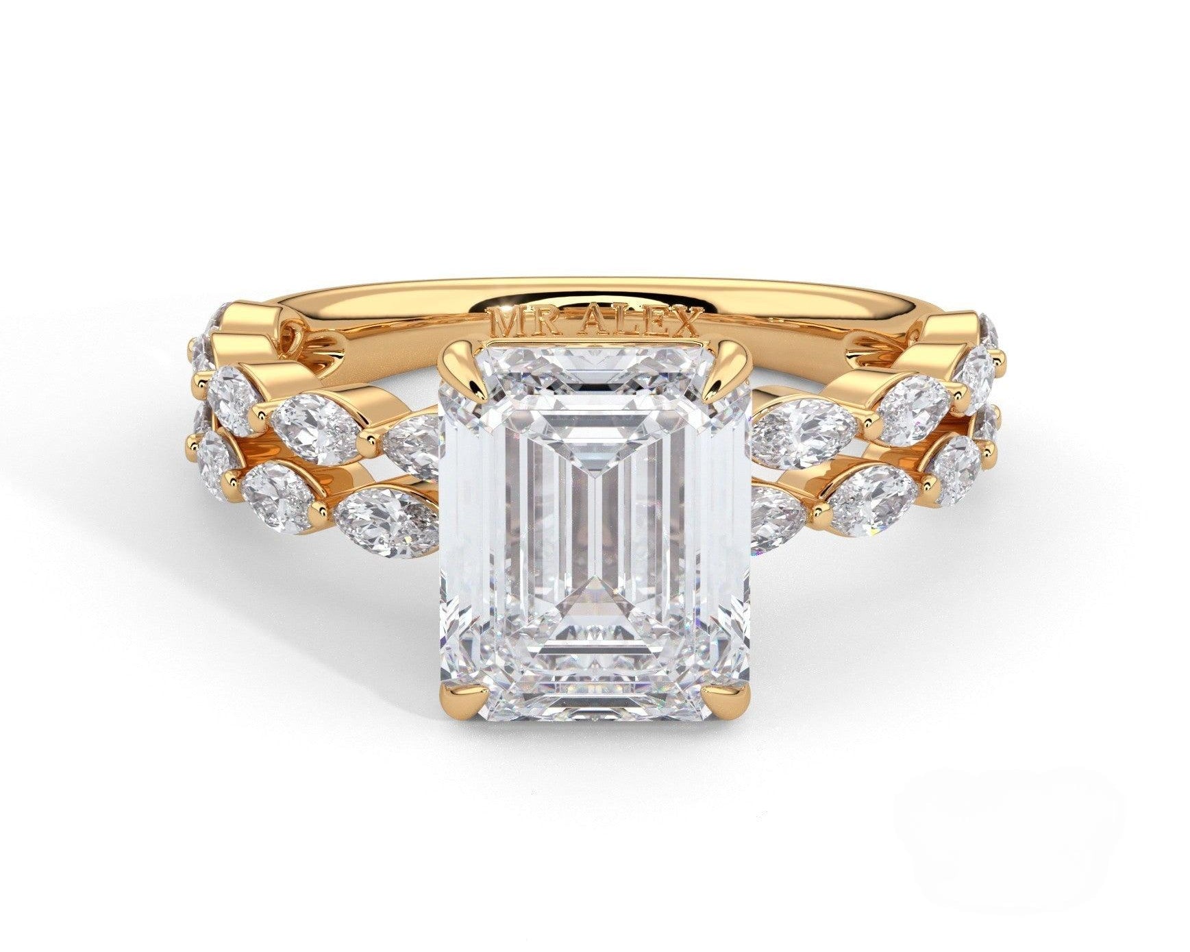 2 Carat Emerald Cut Split Shank Marquise Diamond Accents Engagement Ring - Mr. Alex Jewelry