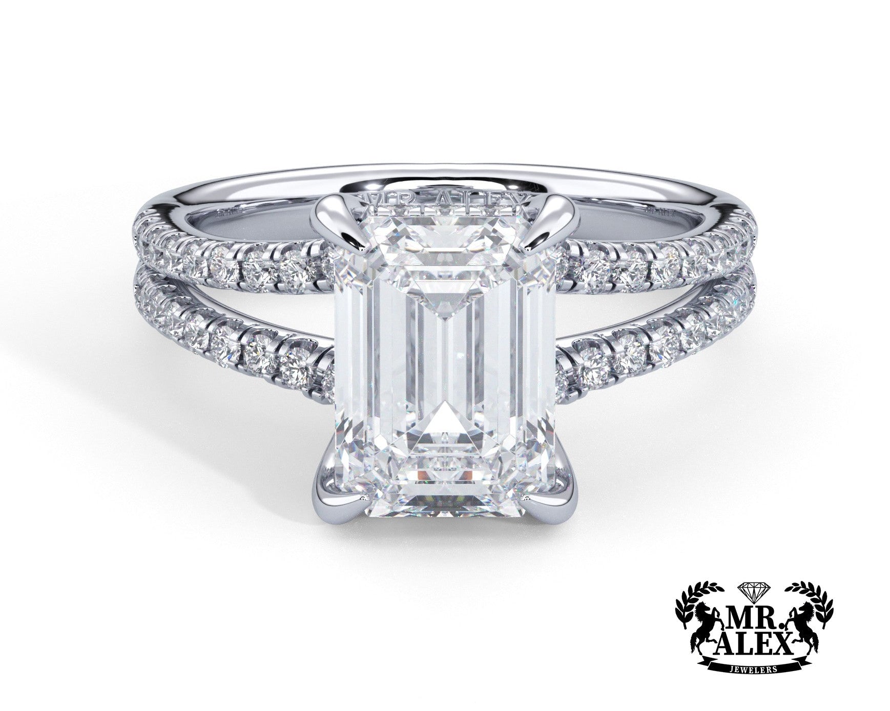 2 Carat Emerald Cut Split Shank Pave Diamond Engagement Ring - Mr. Alex Jewelry