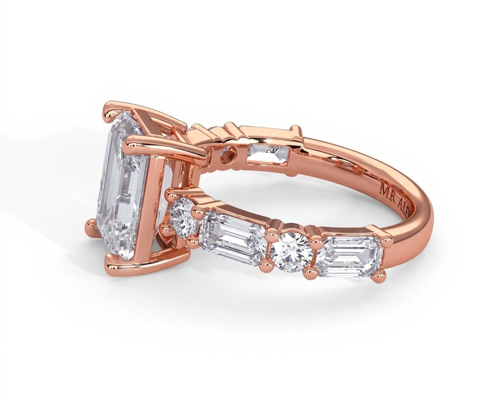 2 Carat Emerald Cut Straight Shank Alternating Round & Emerald - Mr. Alex Jewelry