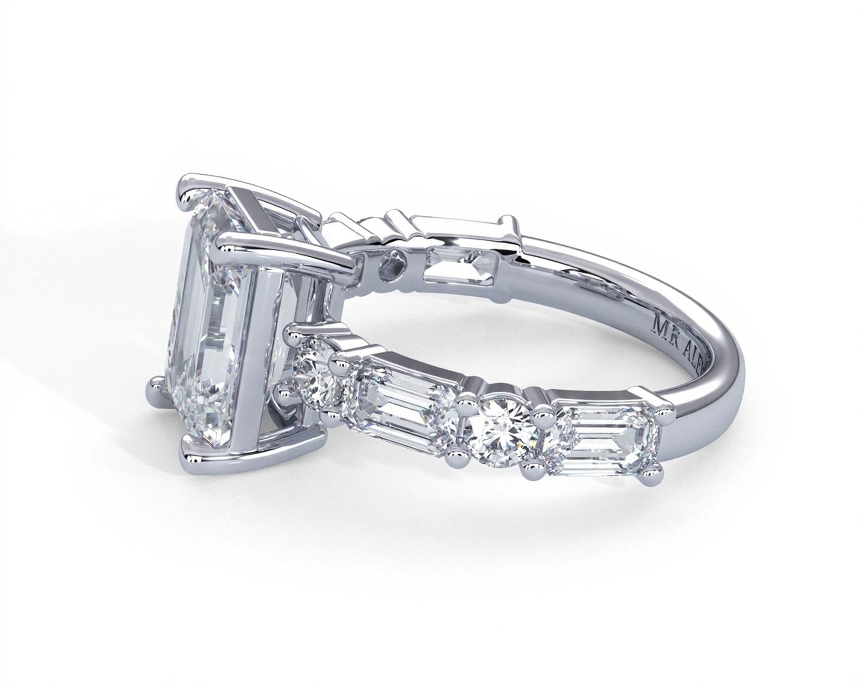 2 Carat Emerald Cut Straight Shank Alternating Round & Emerald - Mr. Alex Jewelry