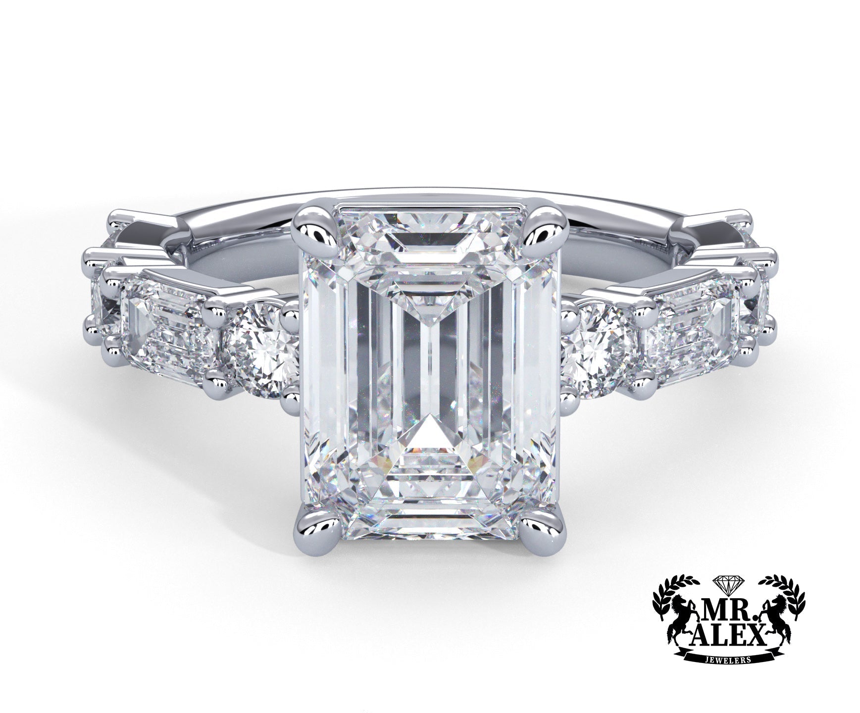 2 Carat Emerald Cut Straight Shank Alternating Round & Emerald - Mr. Alex Jewelry