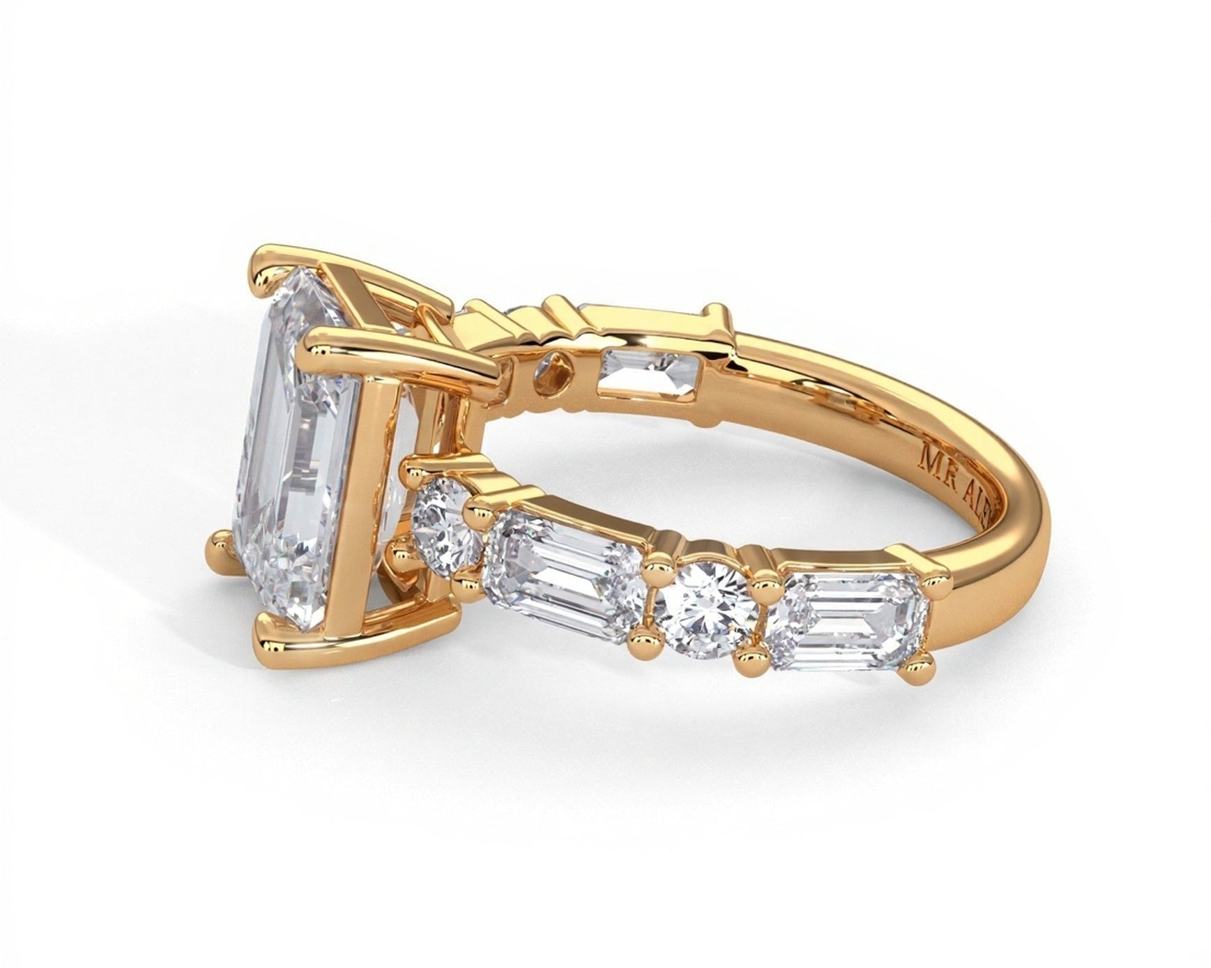 2 Carat Emerald Cut Straight Shank Alternating Round & Emerald - Mr. Alex Jewelry