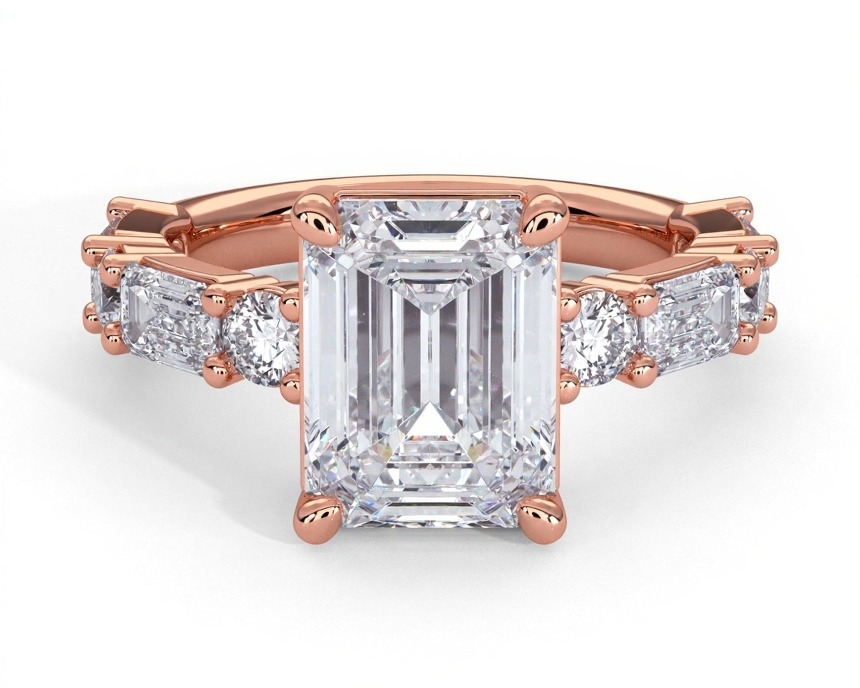 2 Carat Emerald Cut Straight Shank Alternating Round & Emerald - Mr. Alex Jewelry