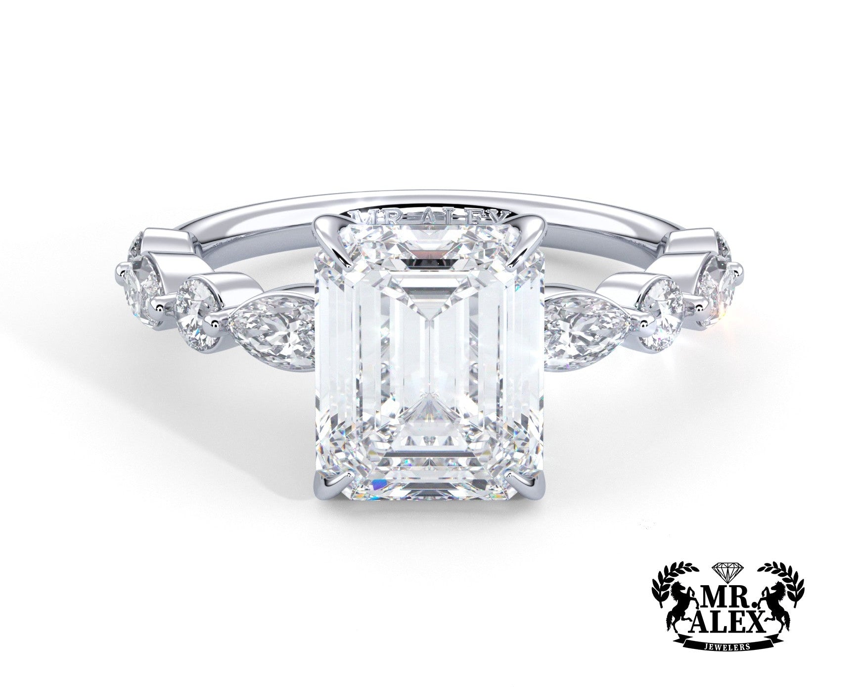 2 Carat Emerald Cut Straight Shank Alternating Round & Marquise Diamond - Mr. Alex Jewelry