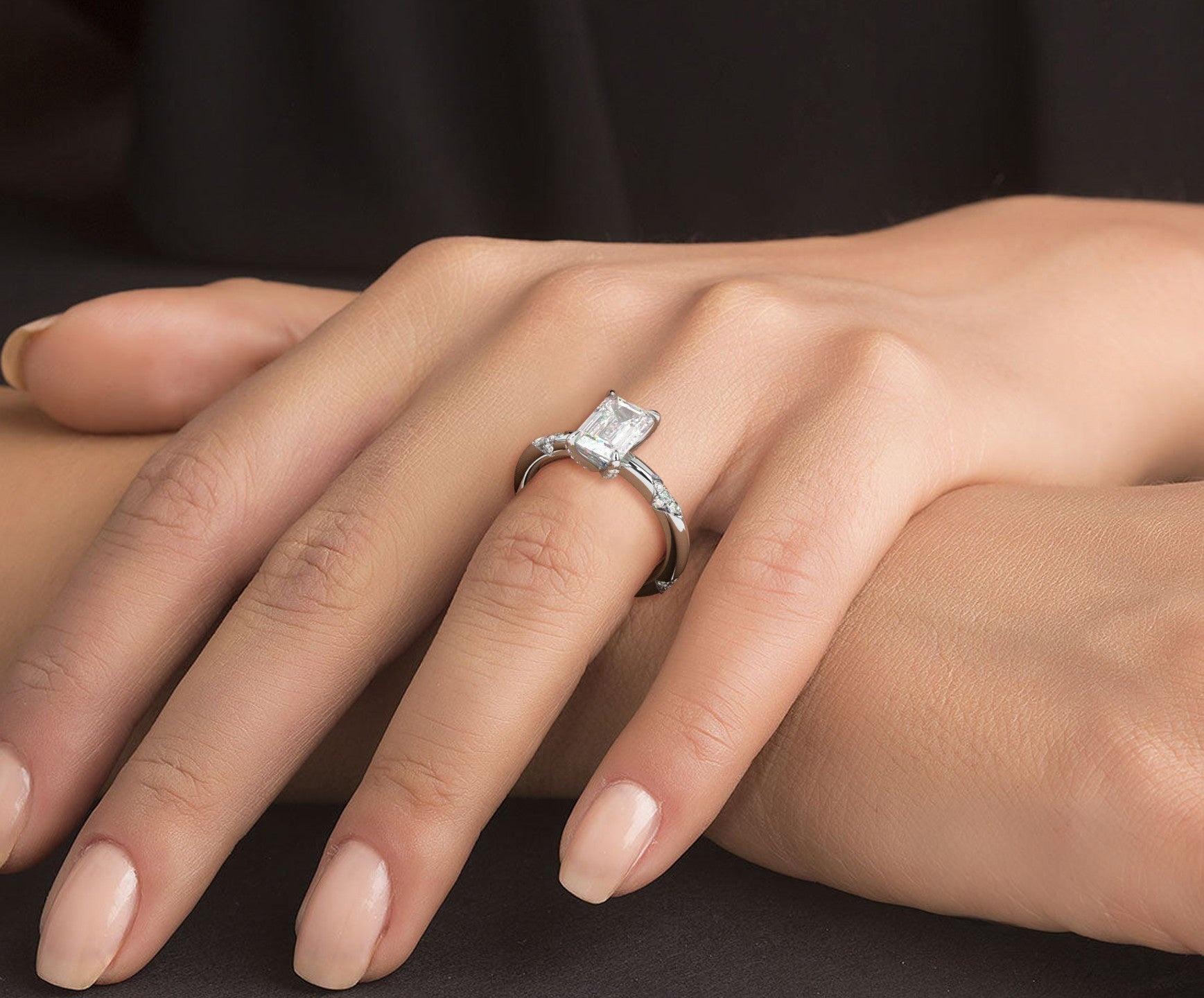 2 Carat Emerald Cut Straight Shank Round Diamond Accents Engagement Ring - Mr. Alex Jewelry