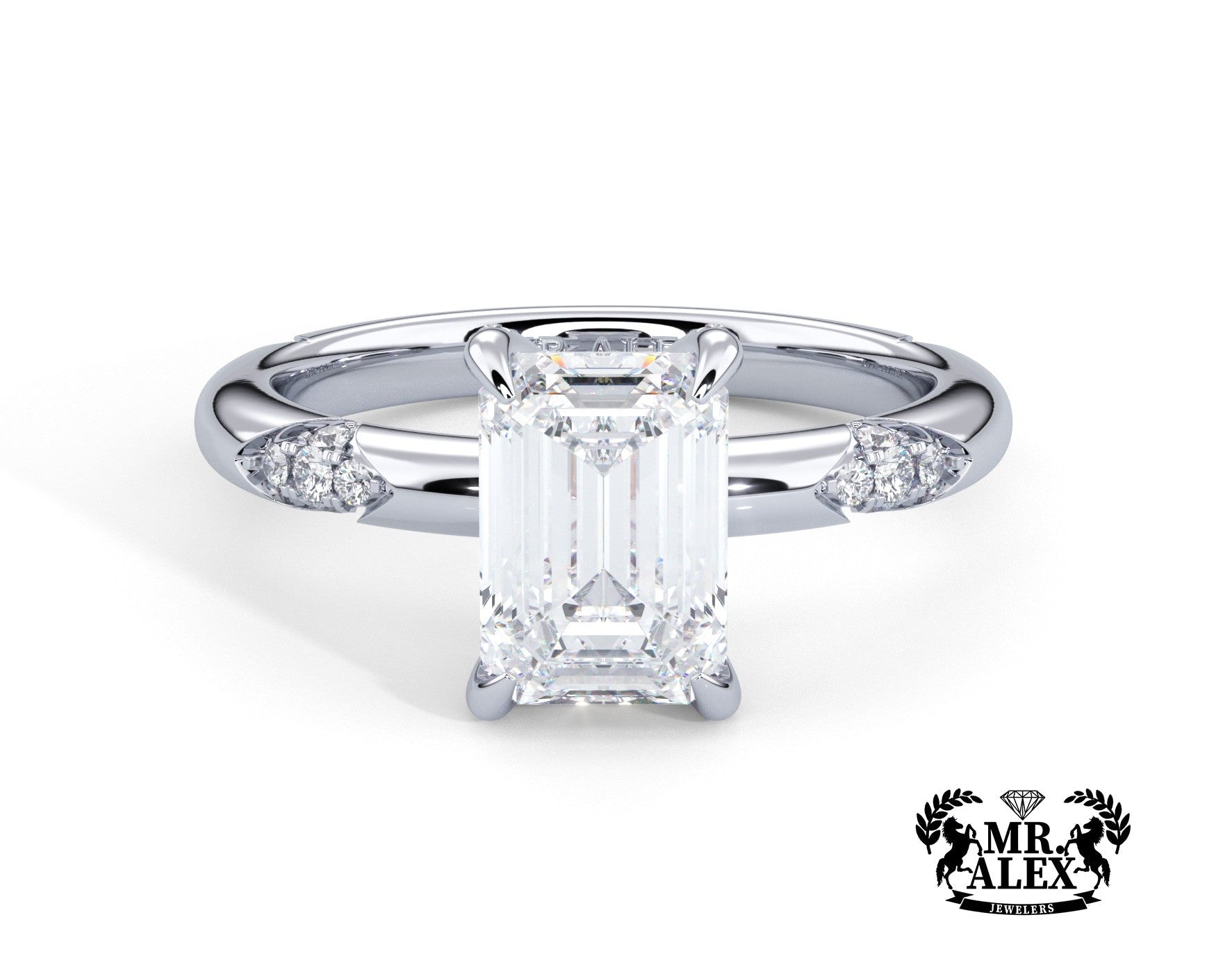 2 Carat Emerald Cut Straight Shank Round Diamond Accents Engagement Ring - Mr. Alex Jewelry