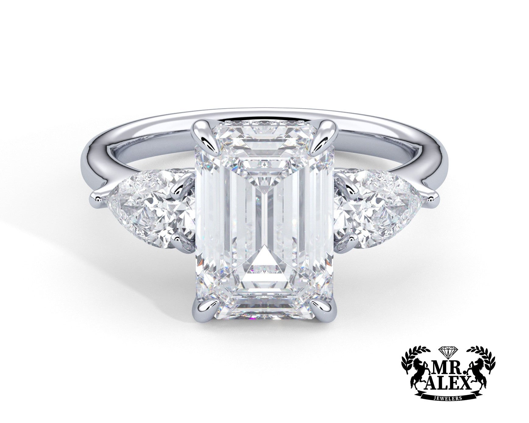 2 Carat Emerald Cut Three Stone Engagement Ring with Pear Side Diamonds - Mr. Alex Jewelry