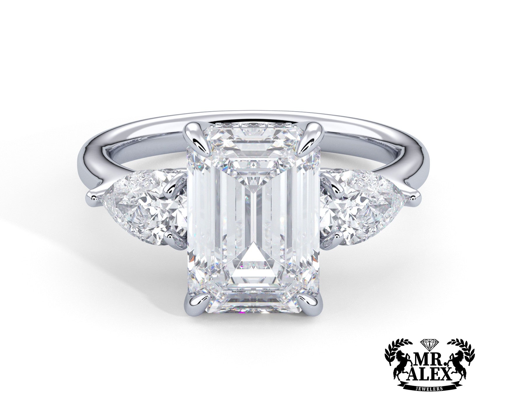 2 Carat Emerald Cut Three Stone Engagement Ring with Pear Side Diamonds - Mr. Alex Jewelry