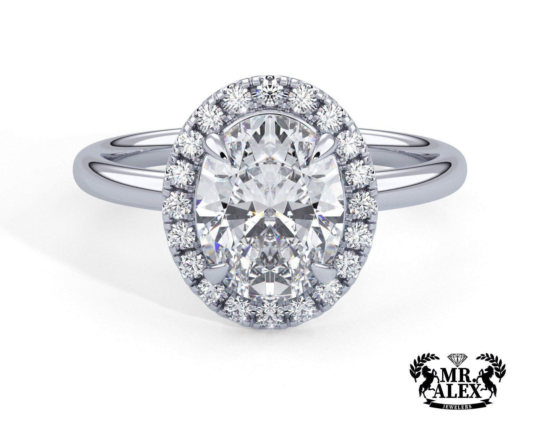 2 Carat Oval Brilliant Cut Halo with Pain Shank Engagement Ring - Mr. Alex Jewelry