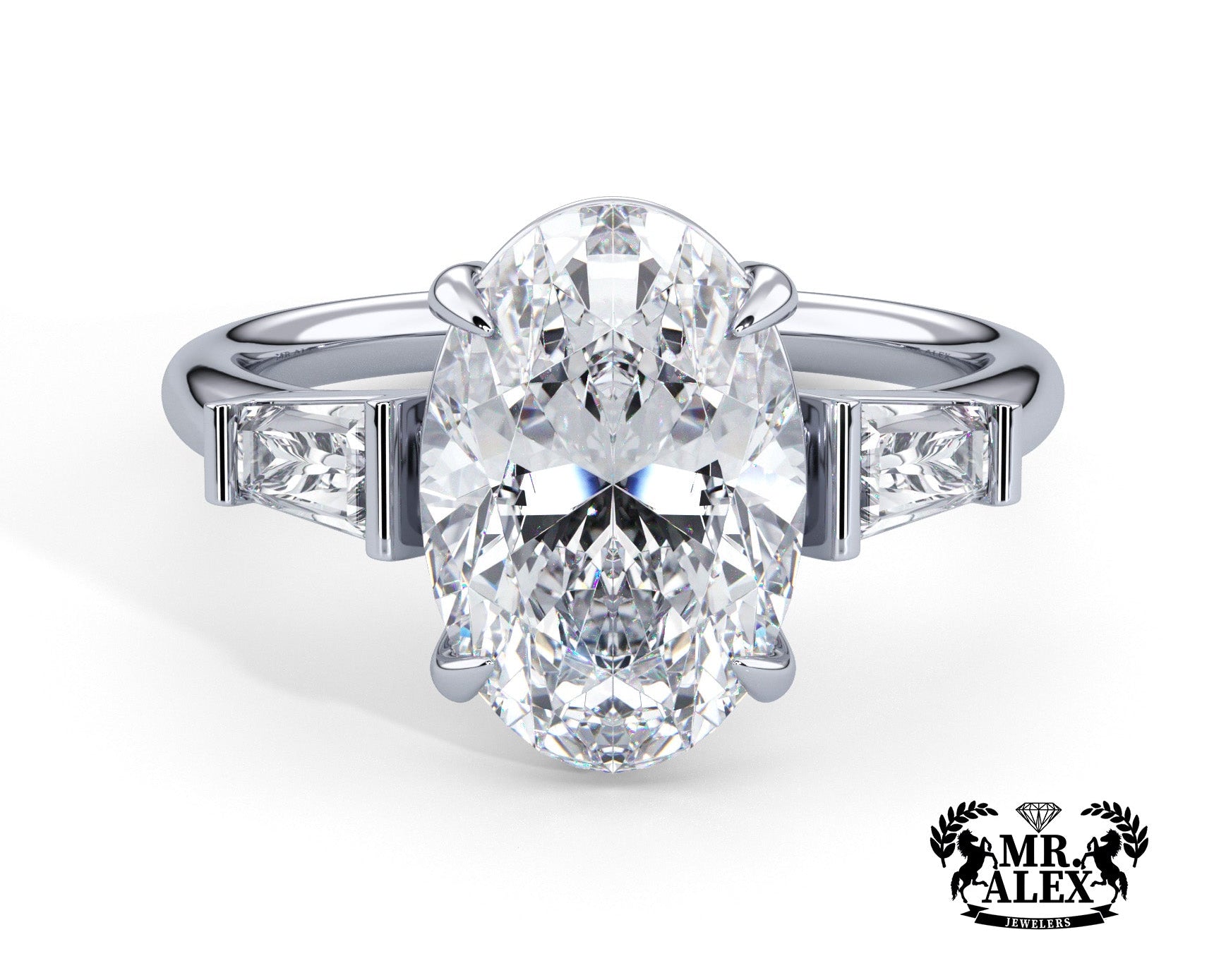 2 Carat Oval Brilliant Tapered Baguette Three Stone Engagement Ring - Mr. Alex Jewelry