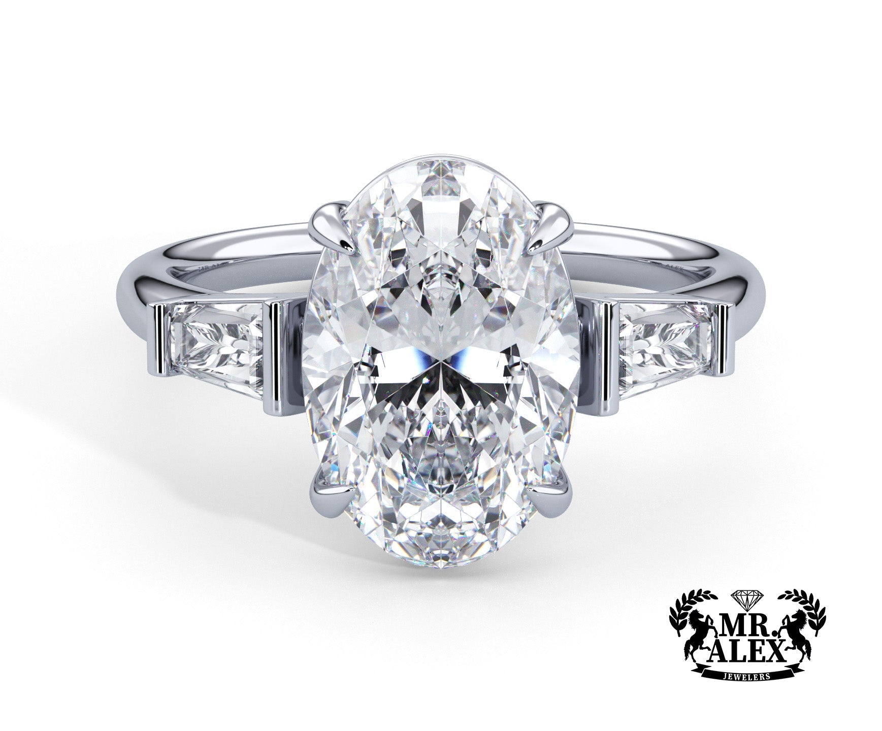 2 Carat Oval Brilliant Tapered Baguette Three Stone Engagement Ring - Mr. Alex Jewelry