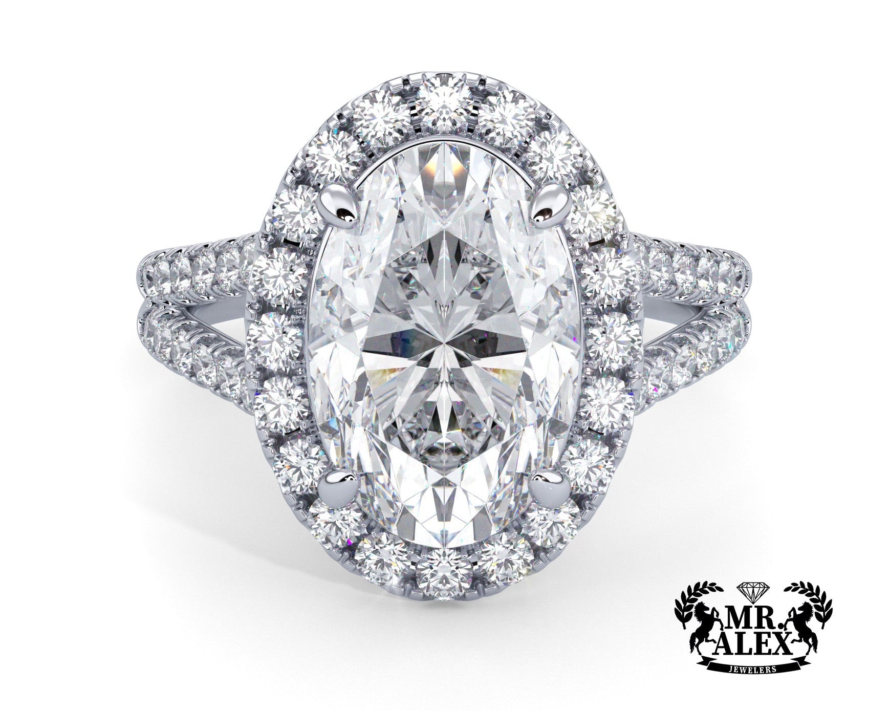 2 Carat Oval Cut French Cut Halo Split Shank Engagement Ring - Mr. Alex Jewelry